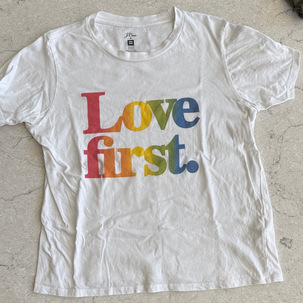 J. Crew White Tee with Multicolor 'Love First' Print
